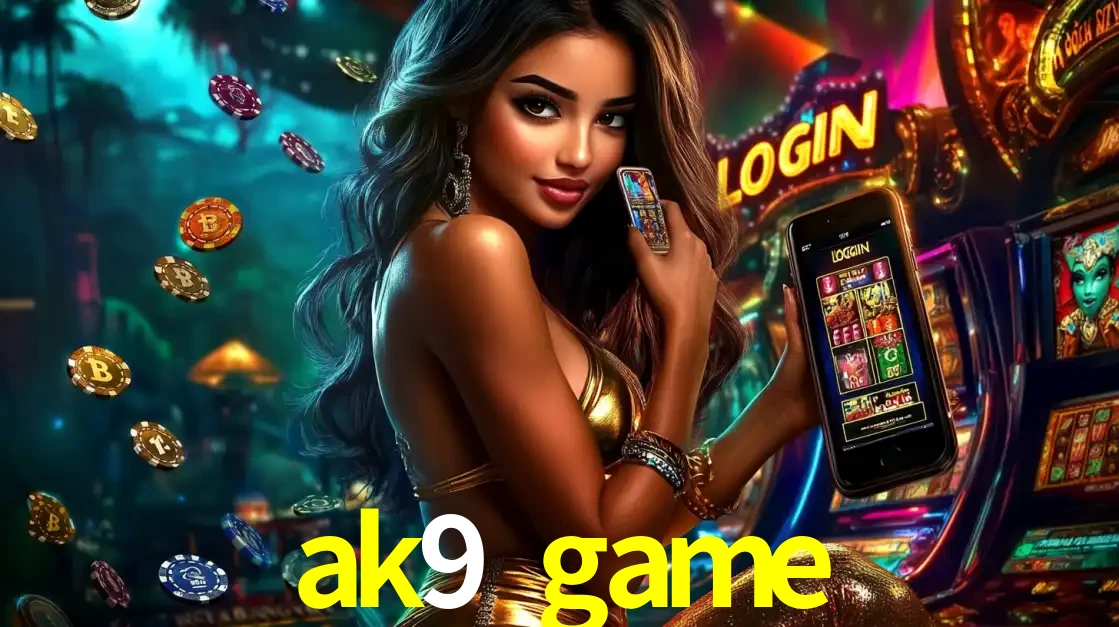 Mulher em um cenário de cassino temático de aventura, mostrando o app de caça-níqueis da ak9 game no celular. Fichas de apostas flutuam ao redor.