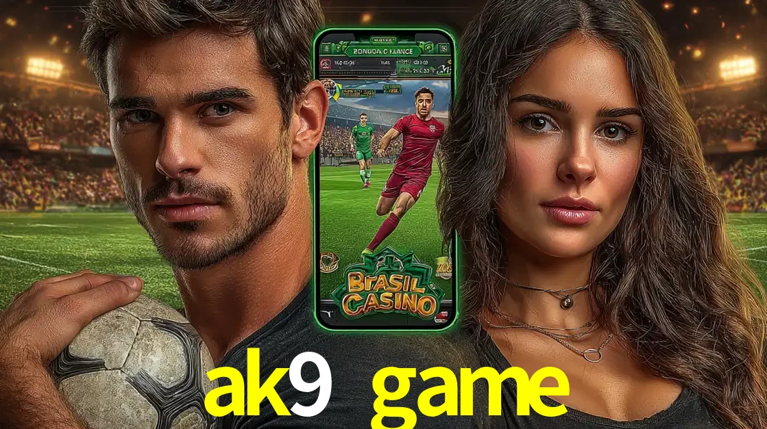 Homem segurando uma bola de futebol e uma mulher ao lado de um smartphone exibindo o jogo de apostas esportivas da ak9 game. Faça seu palpite no cassino online.